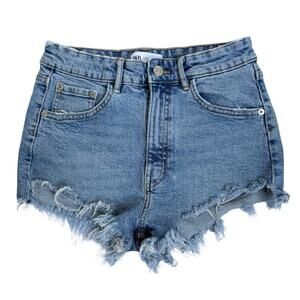 ZARA High Rise Distressed Denim Shorts US 4 Frayed Raw Hem Light Wash